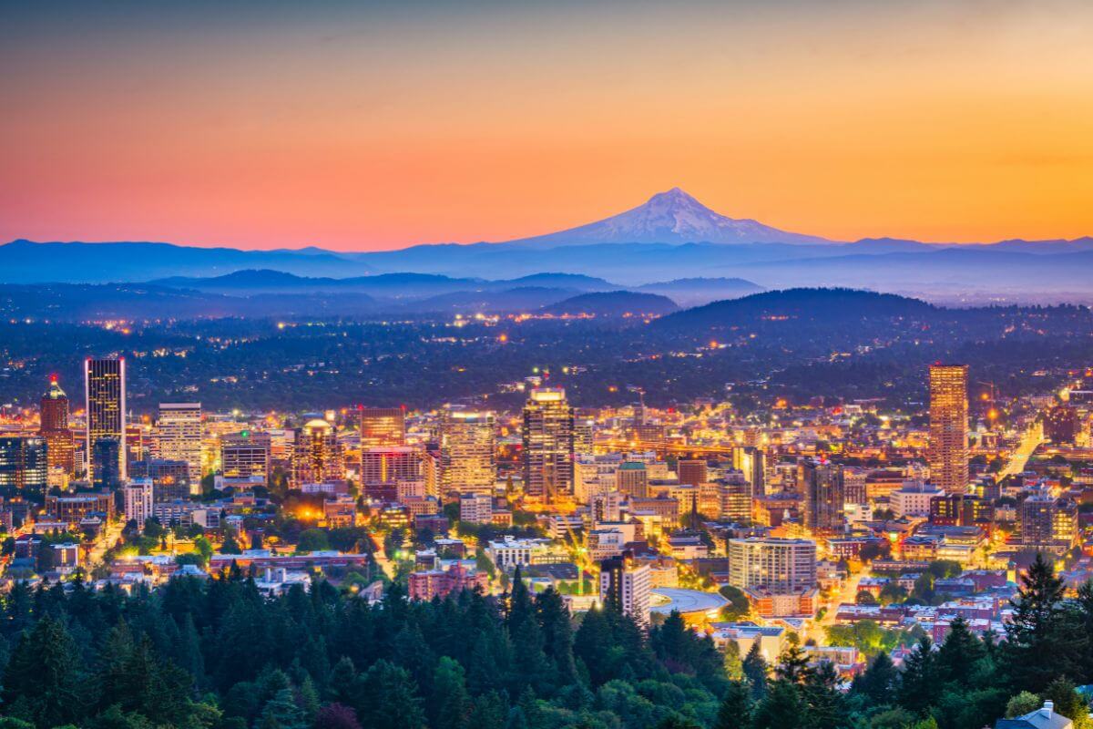 Night View of Portland Oregon with Mt. Hood