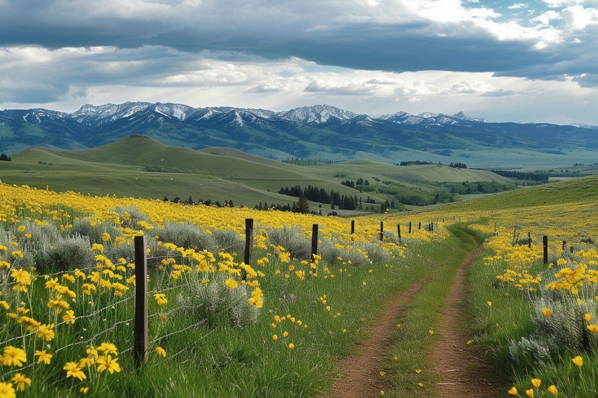 A dirt road with yellow flowers and mountains in the background, perfect for Montana spring vacations.