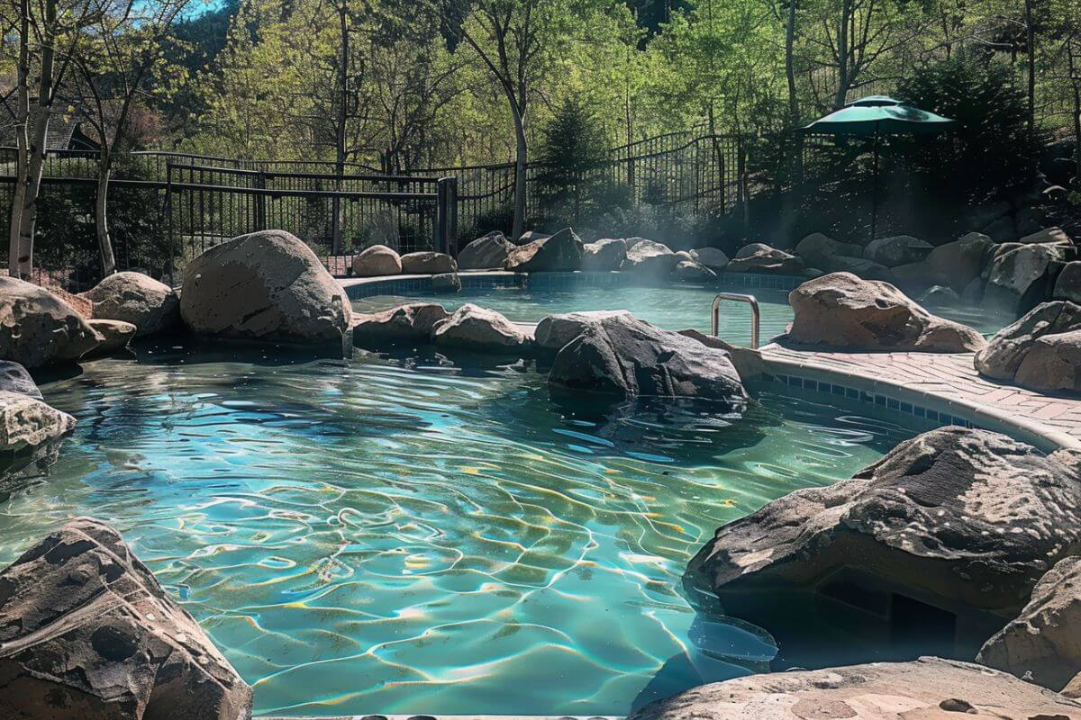 Two hot spring pools at Broadwater Hot Springs, with steam rising up from them, surrounded by rocks amid a wooded area in Montana.