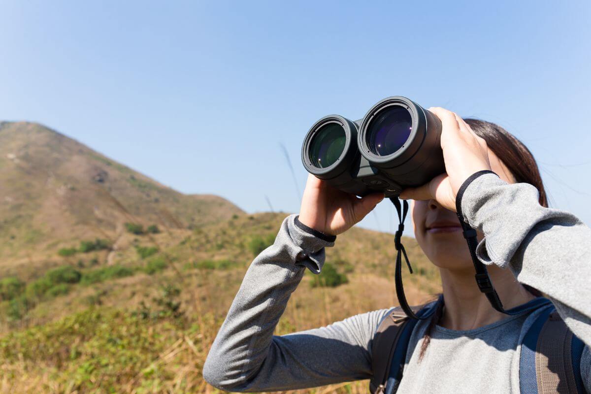 A woman uses binoculars to observe birds during Montana birding tours.