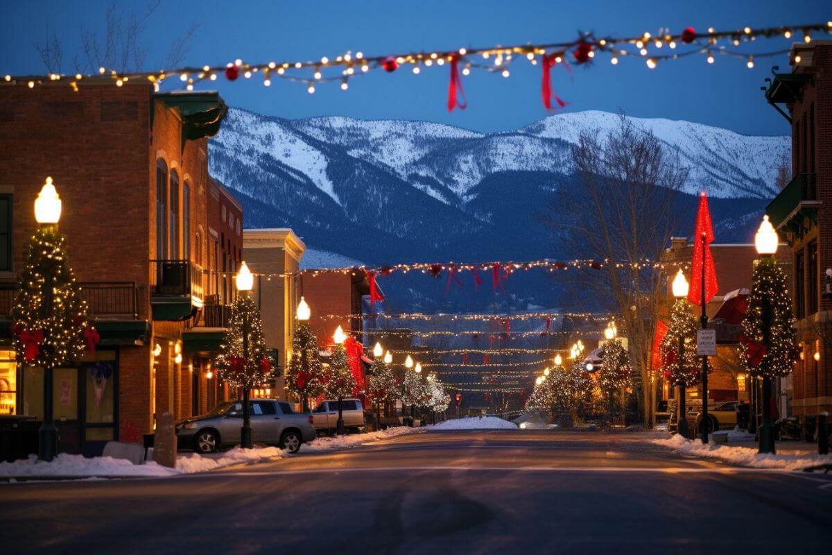 A festive street in Montana adorned with Christmas lights, framed by majestic mountains in the background.
