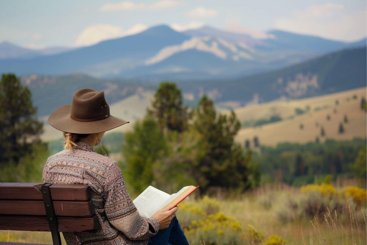 A woman sitting on a bench, reading a travel book about Montana.