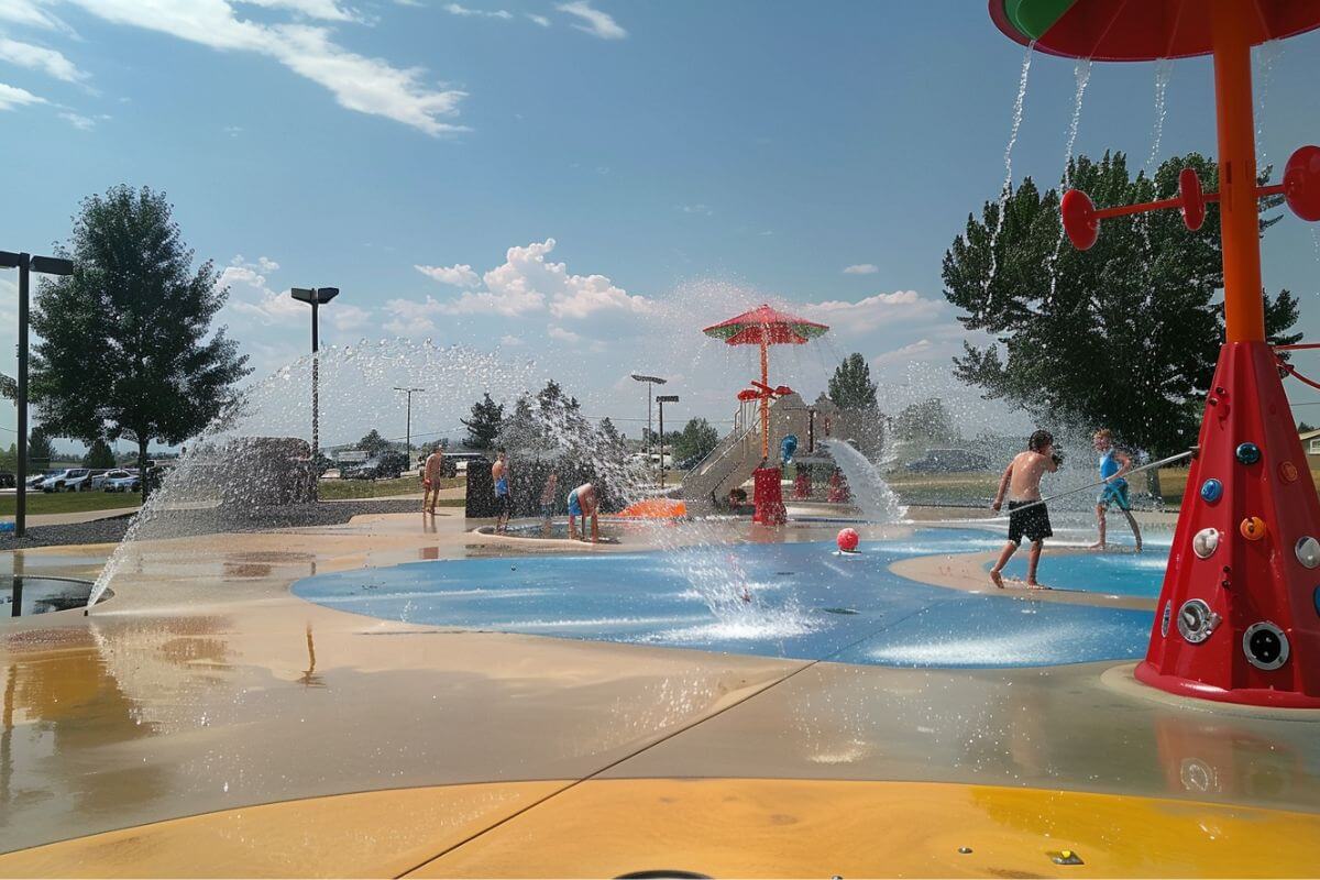 A group of kids have fun at the spraygrounds of Castle Rock Splash Park.