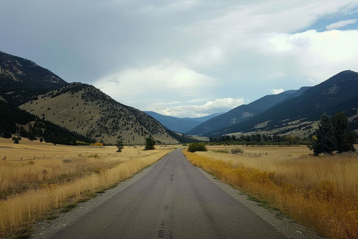 A scenic view of Mill Creek Road leading to the Passage Creek Falls Trailhead surrounded by mountains and dry grassy fields
