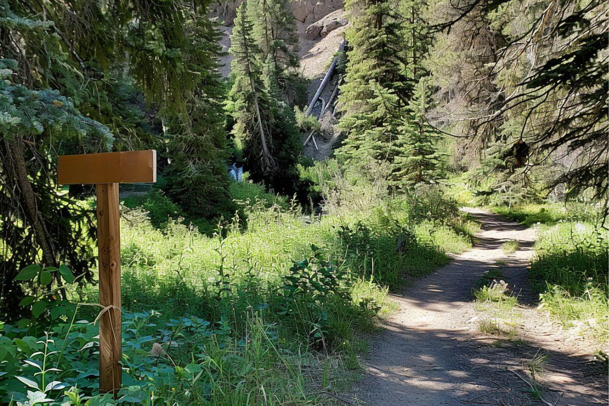 A woodland hiking trail leading to Palisade falls trailhead