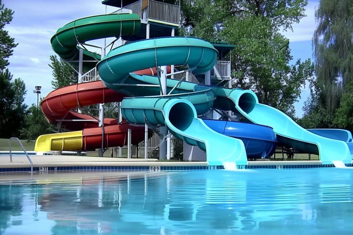 Colorful, multi-level waterslides in Montana's Electric City Waterpark