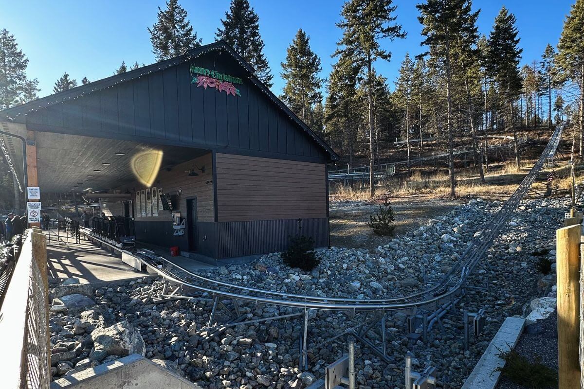 The starting point of the Flathead Lake Alpine Coaster, Montana's solitary mountain coaster, located in a rocky elevated area.
