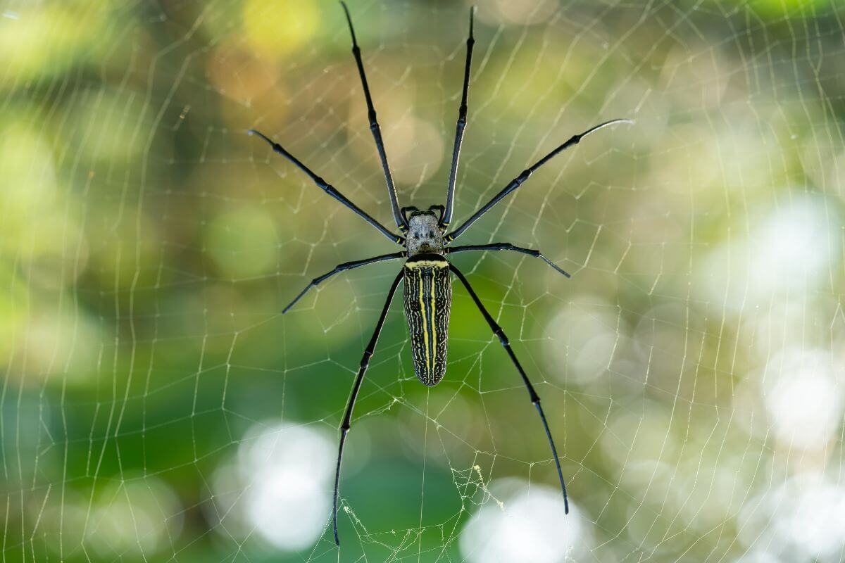 An orb-weaver Montana spider with long legs, centered on a web.