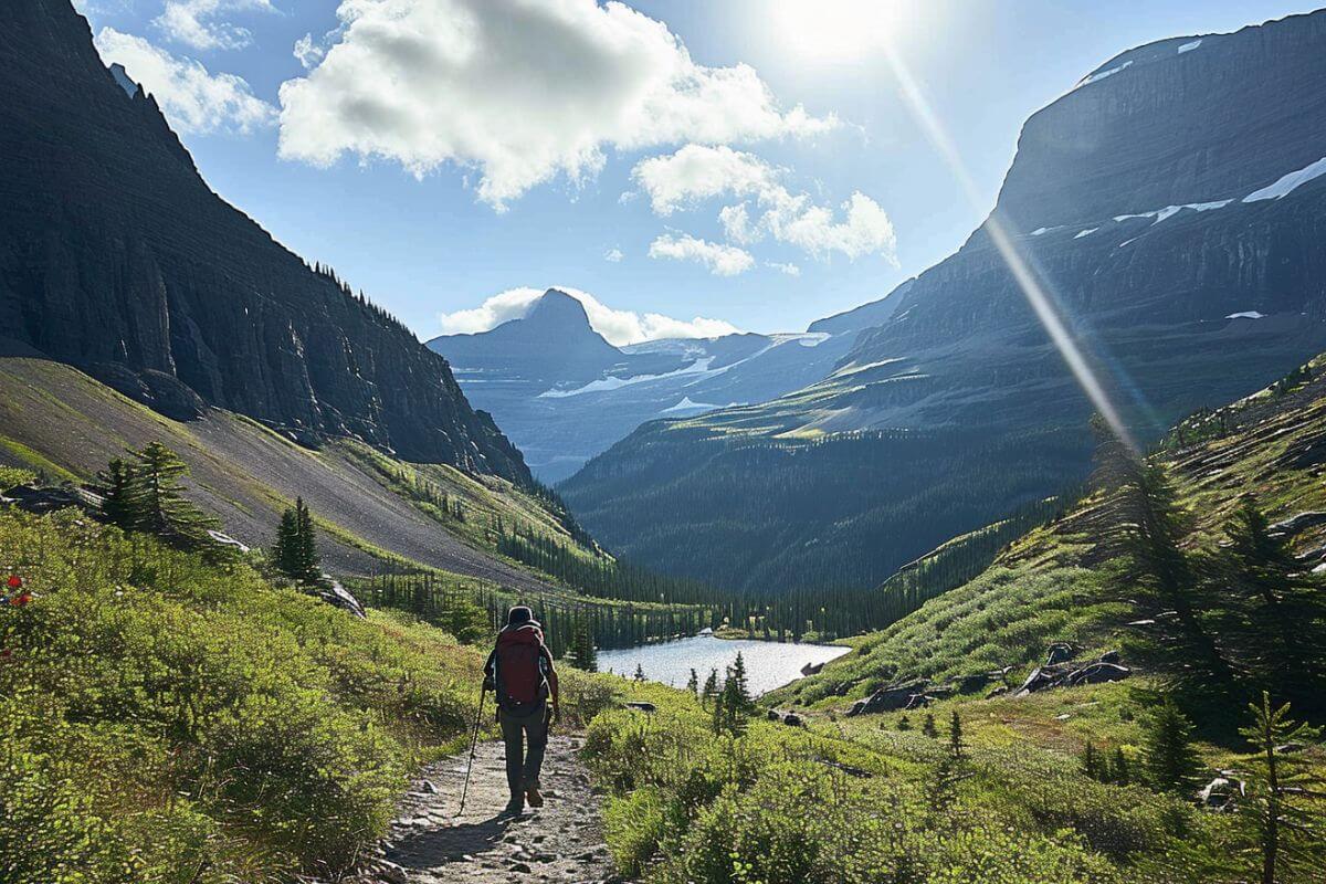 A hiker exploring a trail amid the breathtaking scenery of Glacier National Park in Montana.