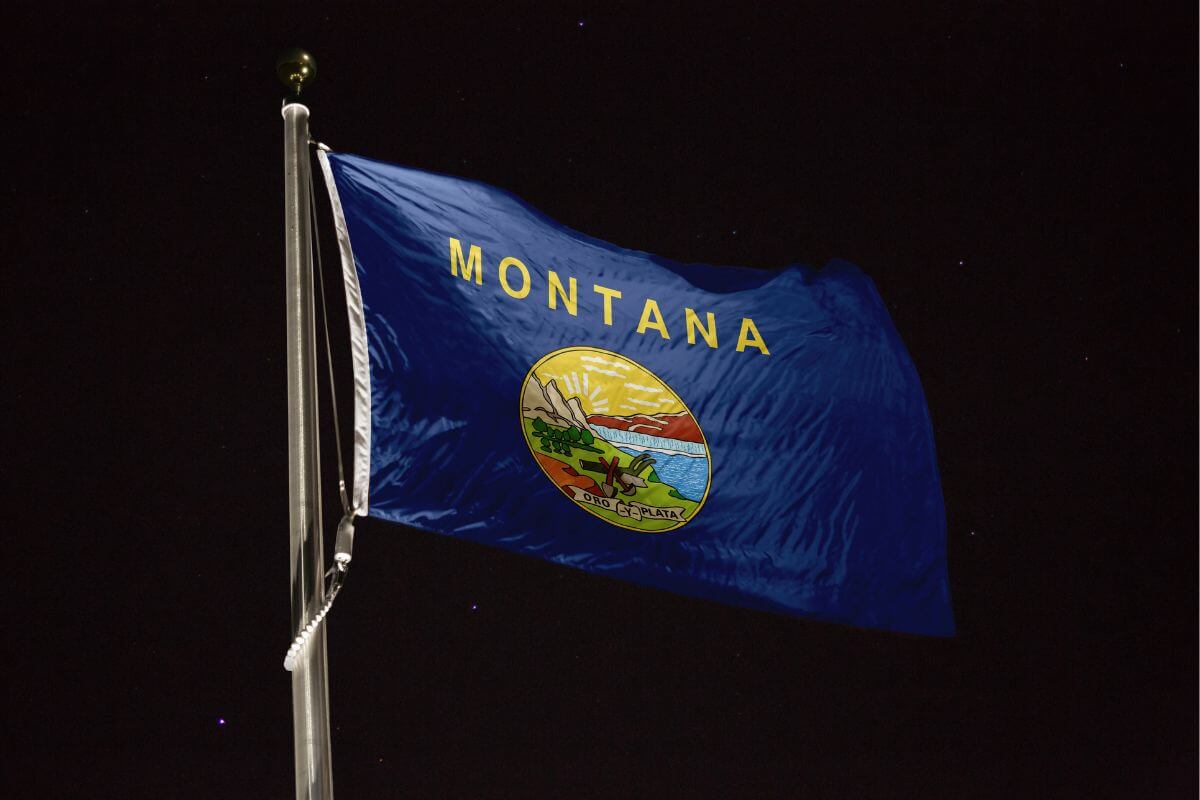 Montana state flag with the night sky in the background.