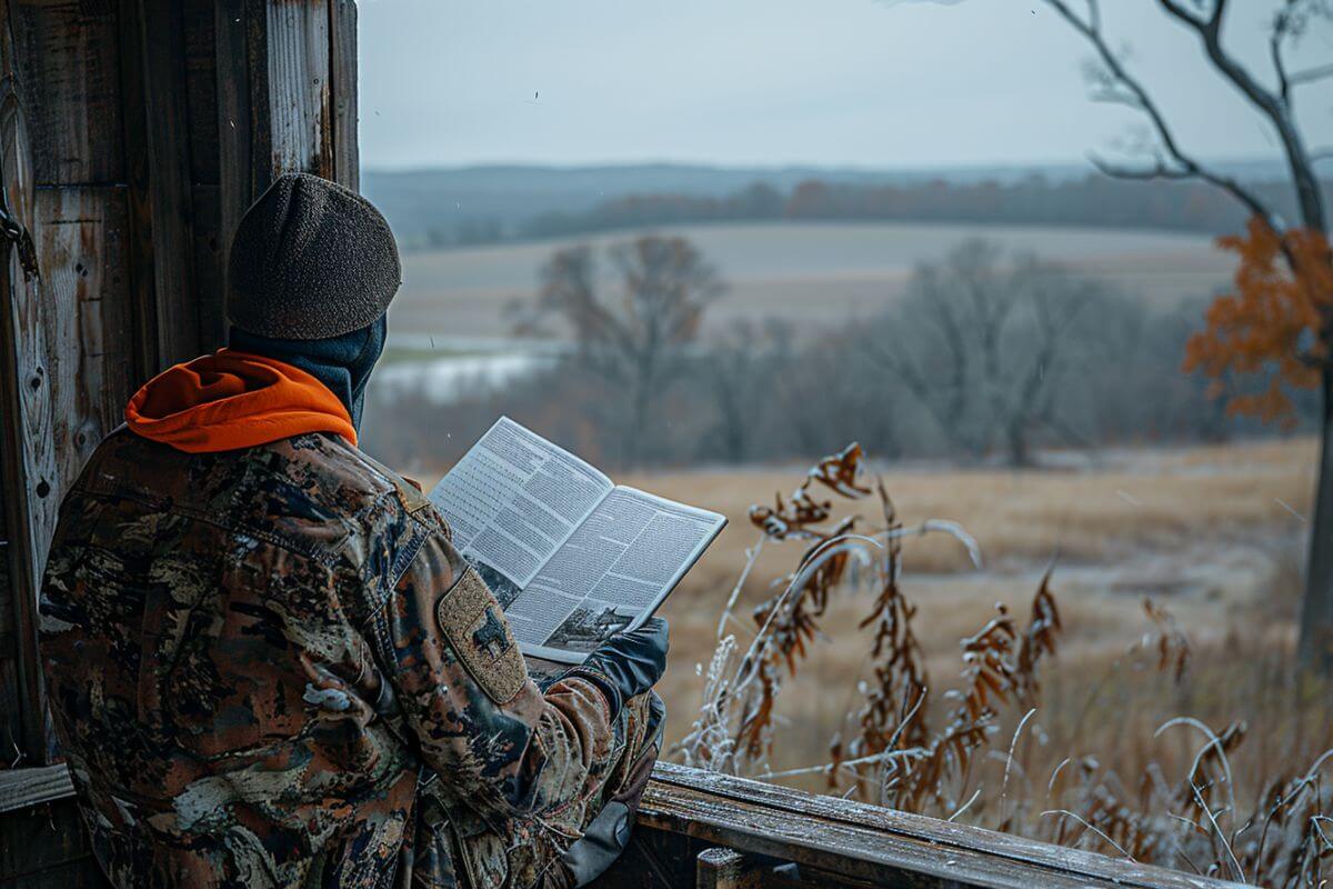 A man in camouflage reads a handbook on Montana's deer hunting regulations from his hunting cabin.