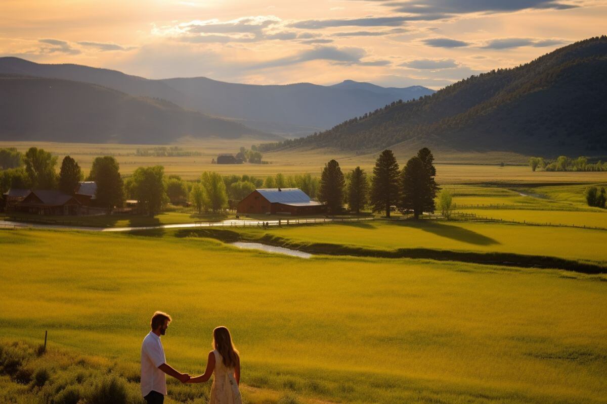 A couple standing on a small hill takes in the view of a field and mountains during their romantic Montana ranch vacation.