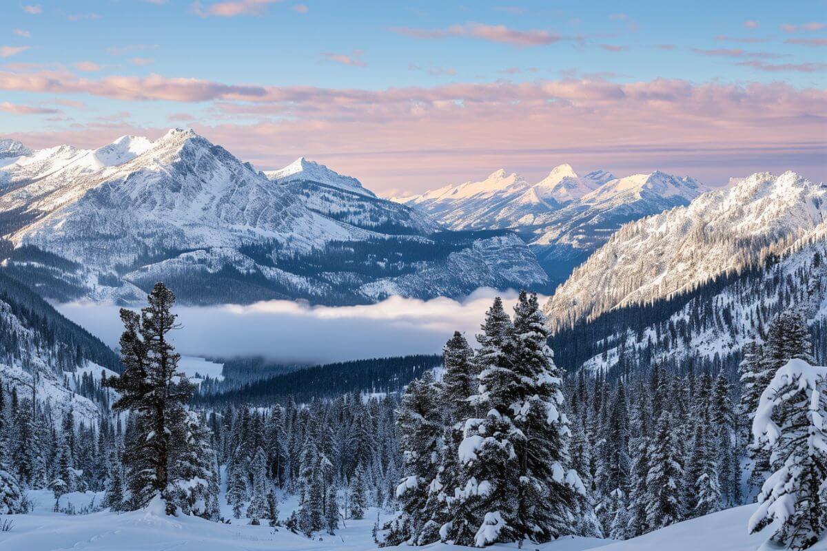 A snow-covered forest in Montana against a stunning mountain range