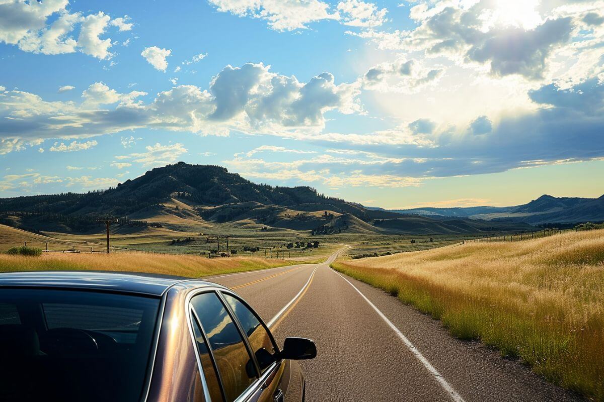 An Uber car drives along Montana's scenic highway toward the mountains on a bright sunny day.