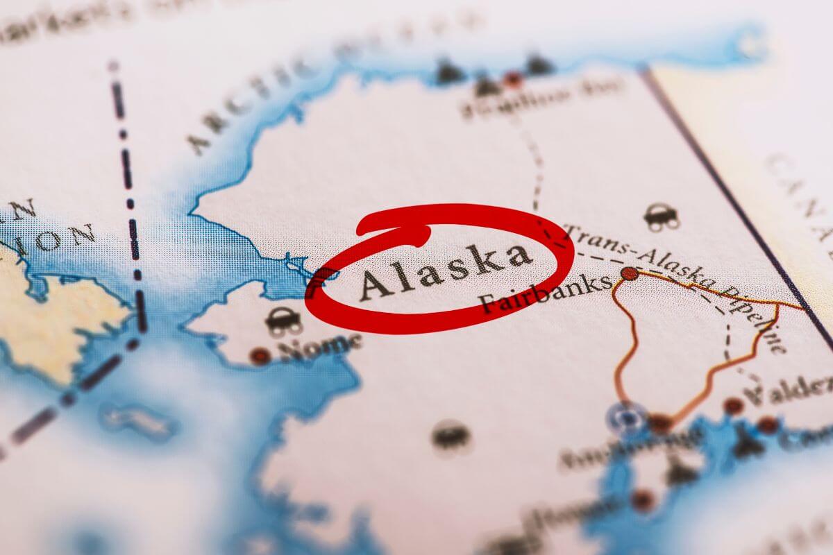 Map of Alaska with the State Name Marked in Red