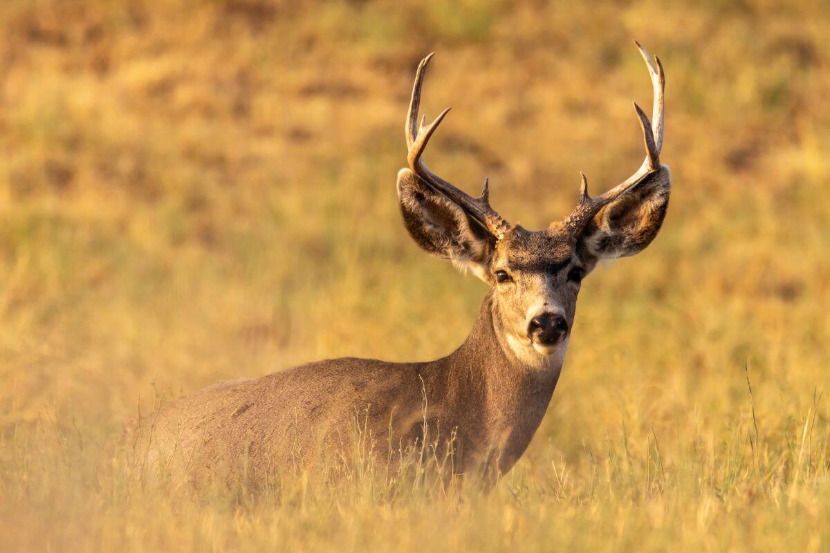A Montana mule deer buck with antlers stands in the tall grass 