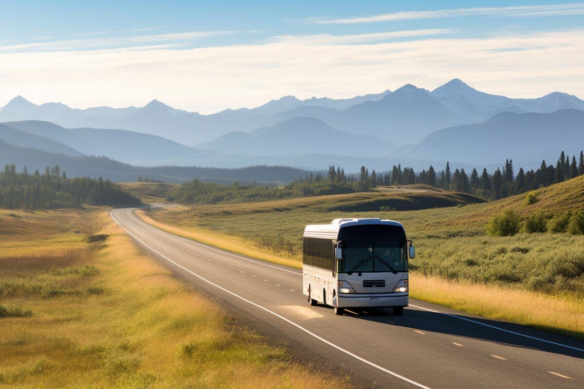 A Montana bus traveling down a road with mountains in the background.