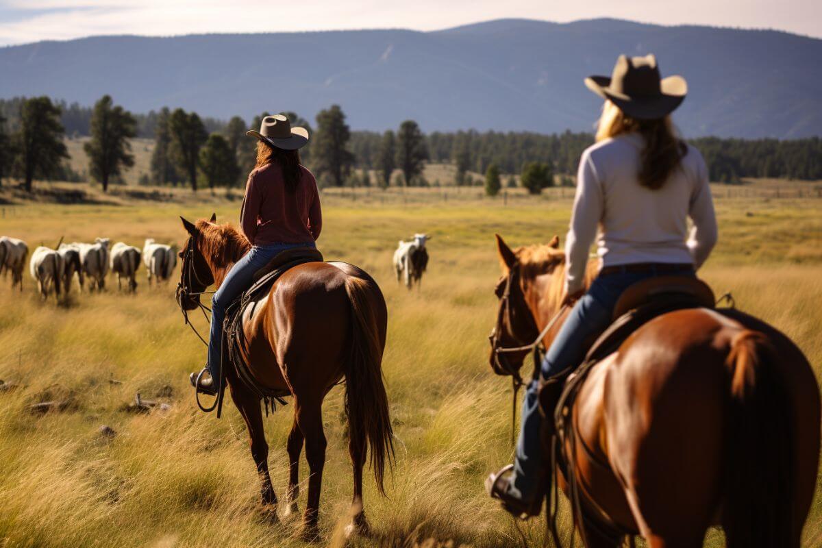 Two women with cowboy hats riding horses on a ranch in Montana.
