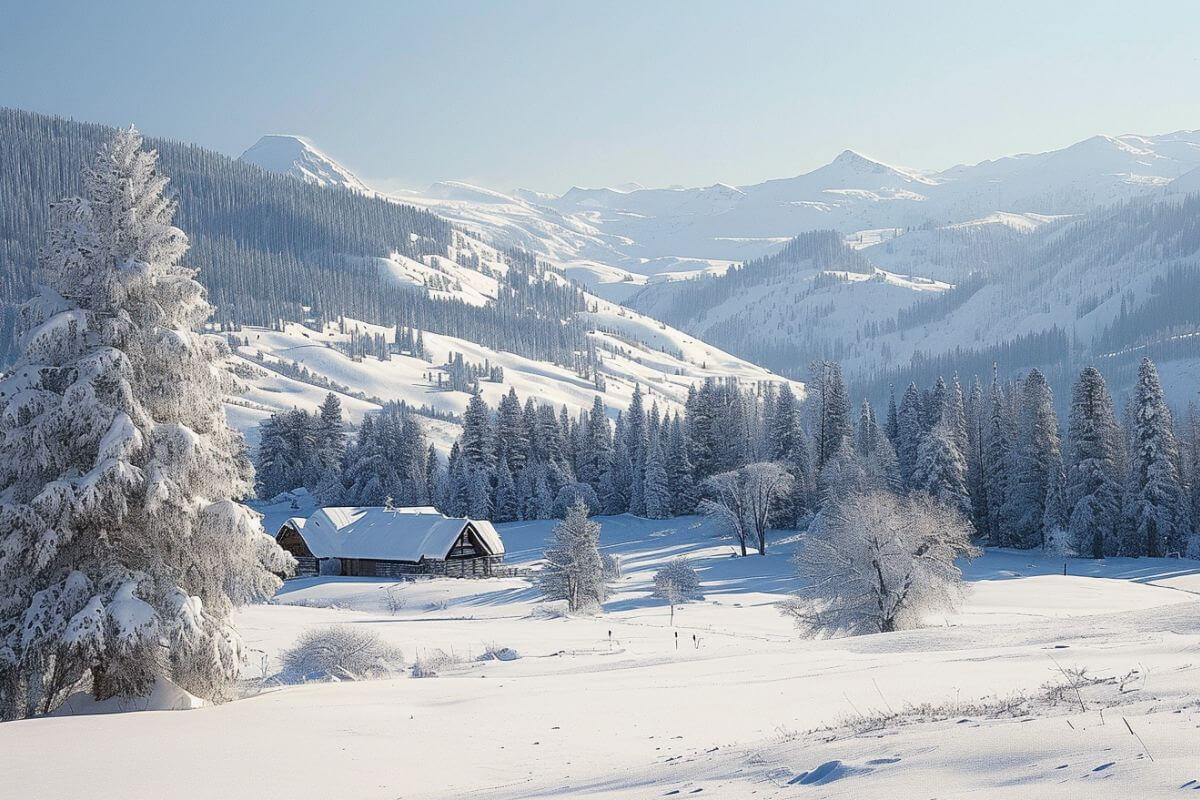 A snow-covered cabin stands amid a picturesque winter scene in Montana.