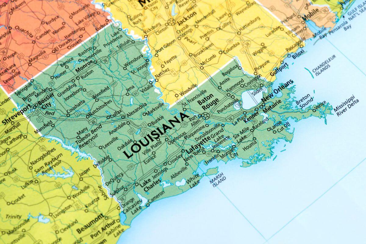 A section of the U.S. map that shows the state of Louisiana.
