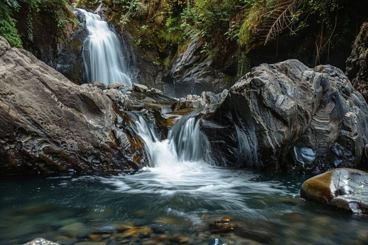 Miche Wabun Falls cascades into a crystal-clear pool surrounded by rugged rocks and lush greenery in a tranquil forest.