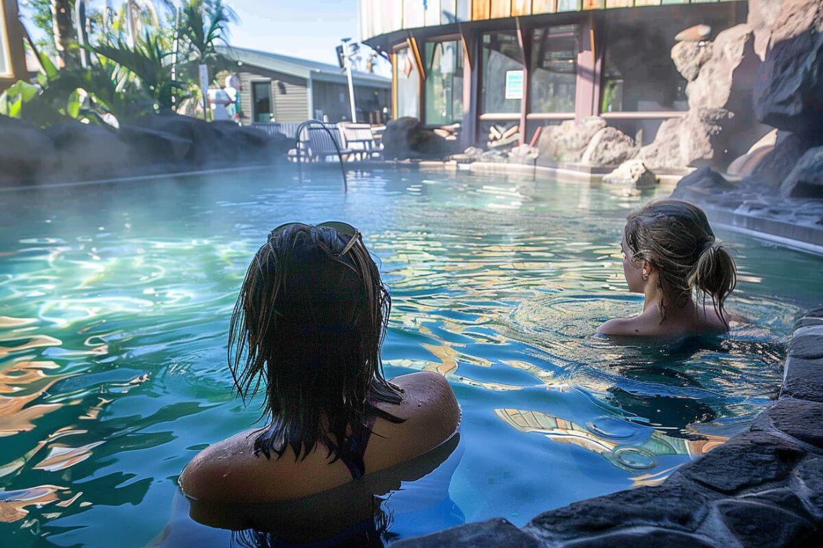 Two women enjoy a soak in one of Montana's popular hot springs destinations.