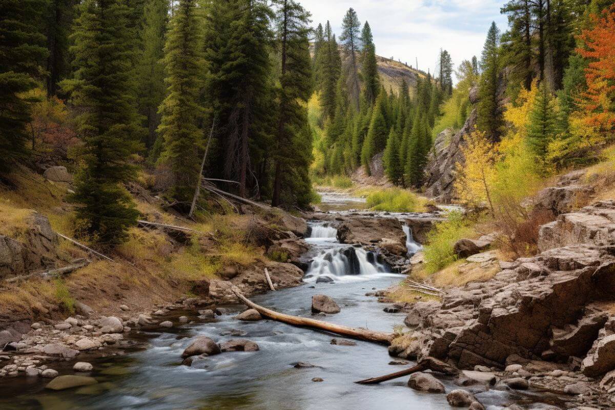 A river winds its way through a rocky area surrounded by trees in Montana.