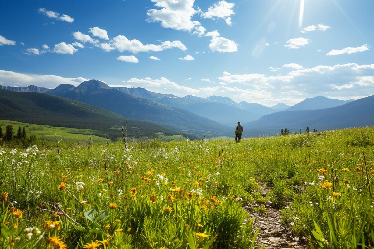 A man stands in a meadow of wildflowers set against a stunning mountain range on a bright sunny day in Montana