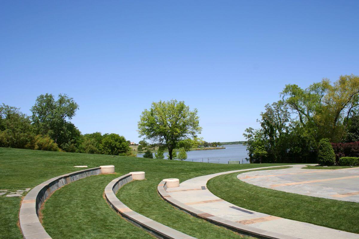 An amphitheater in Montana featuring a grassy area and a row of steps.




