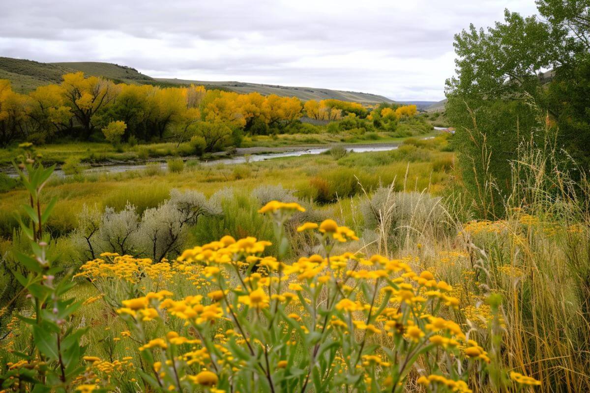 A scenic landscape featuring a river winding through a green valley with lush vegetation and yellow wildflowers at the Black Coulee Wildlife Refuge in Montana.
