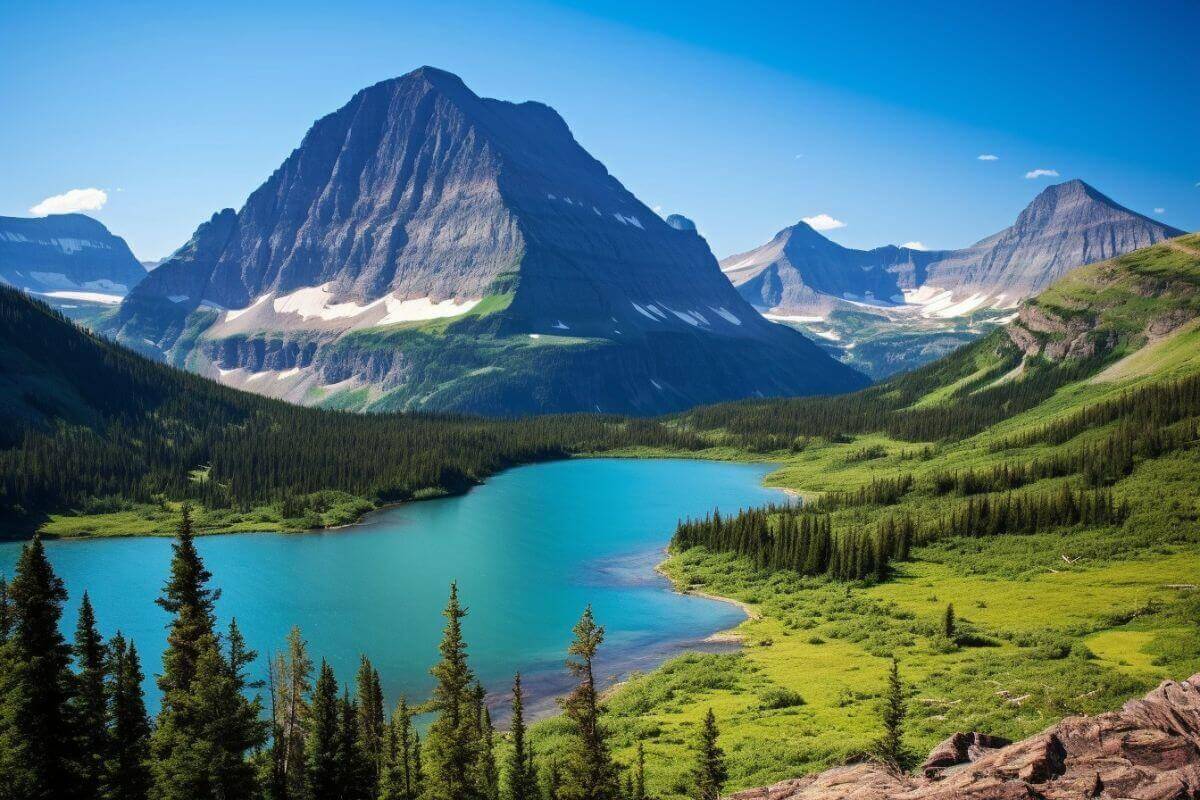 A mesmerizing lake nestled in the majestic mountains of Glacier National Park, perfect for unforgettable Montana vacations.