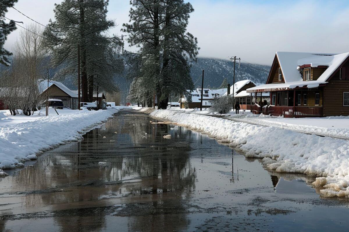 A Montana street wet from melting snow