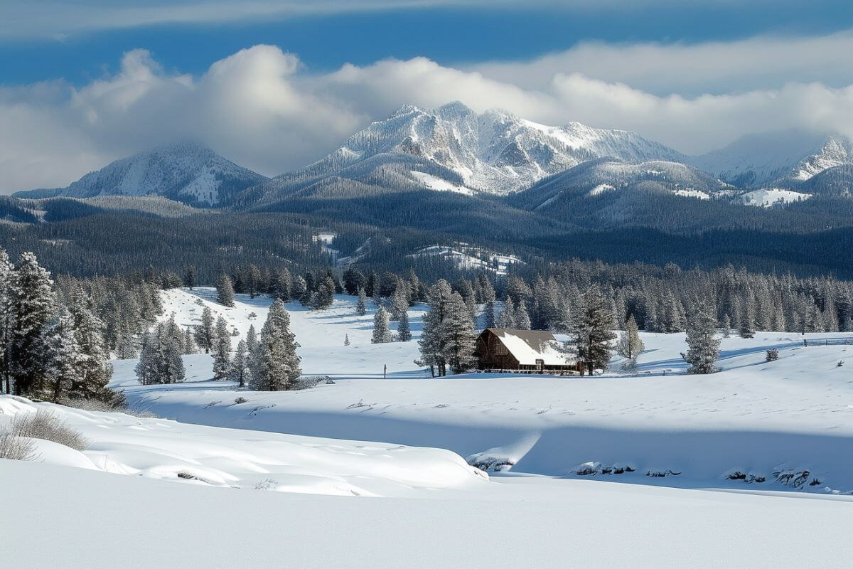 A snowy landscape in Montana with mountains in the background and a cabin in the middle, displaying a perfect Montana winter weather scene.
