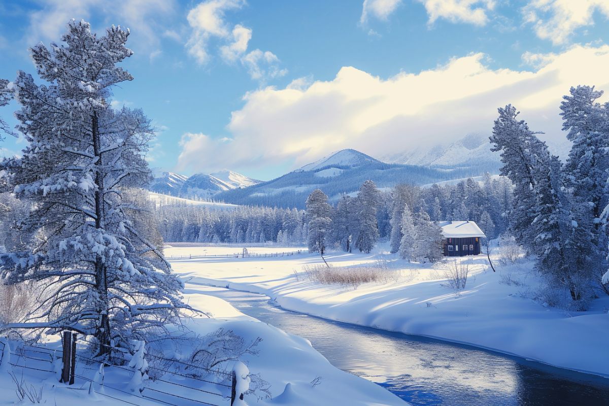 A winter scene with snow covered trees and a river in Montana.