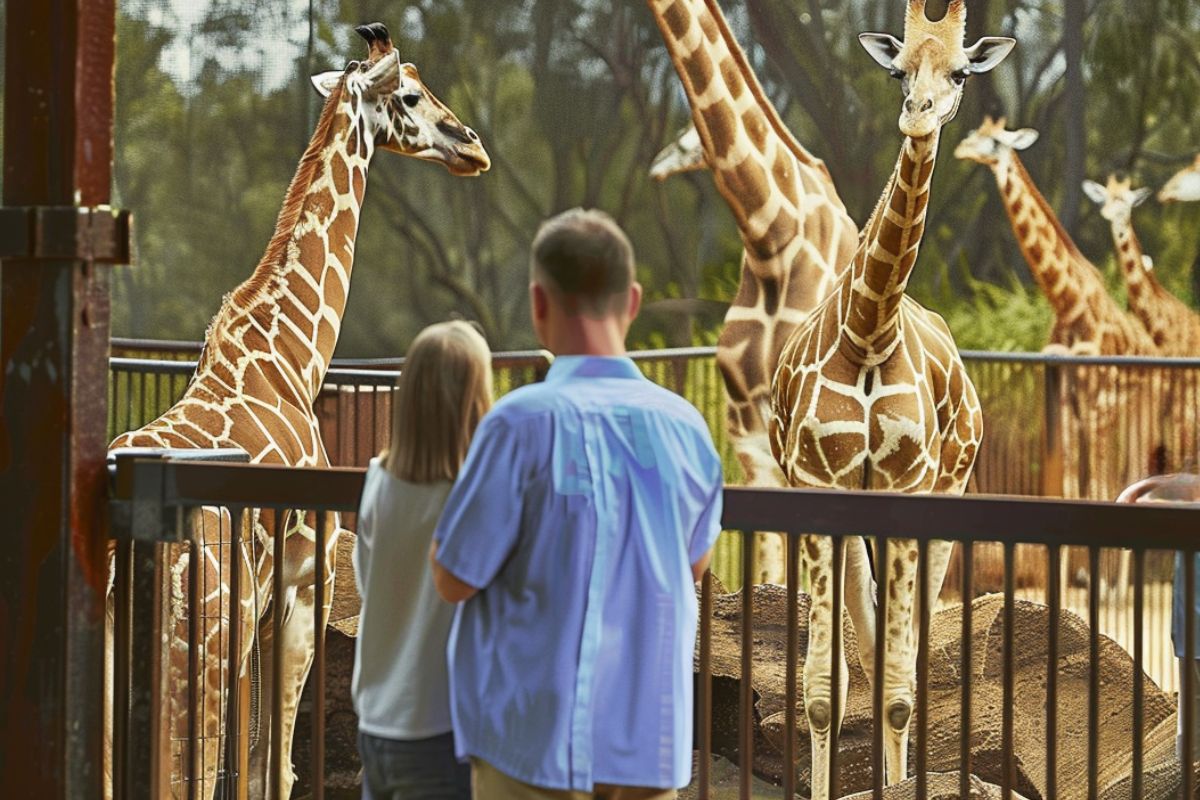 A father and daughter observe giraffes in their enclosure at ZooMontana.
