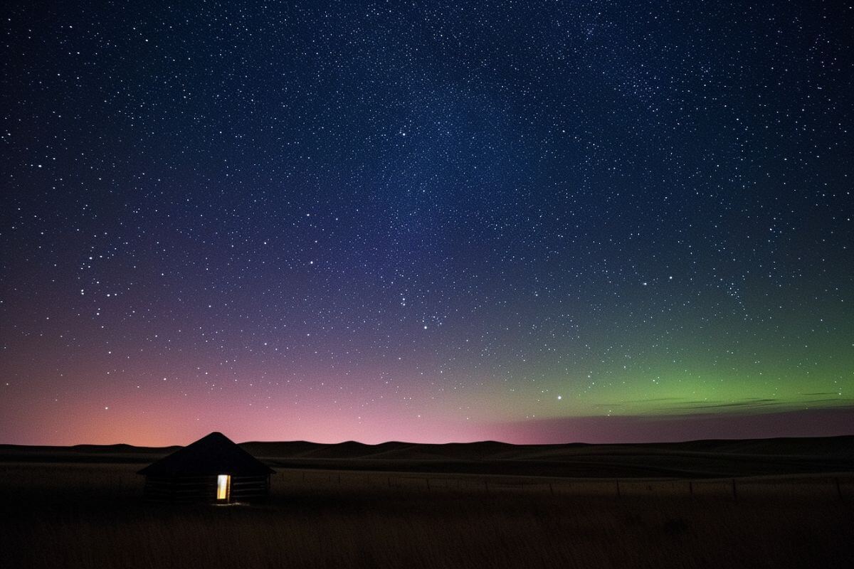 An aurora borealis that illuminates the night sky over a small cabin nestled in the prairie of Montana.