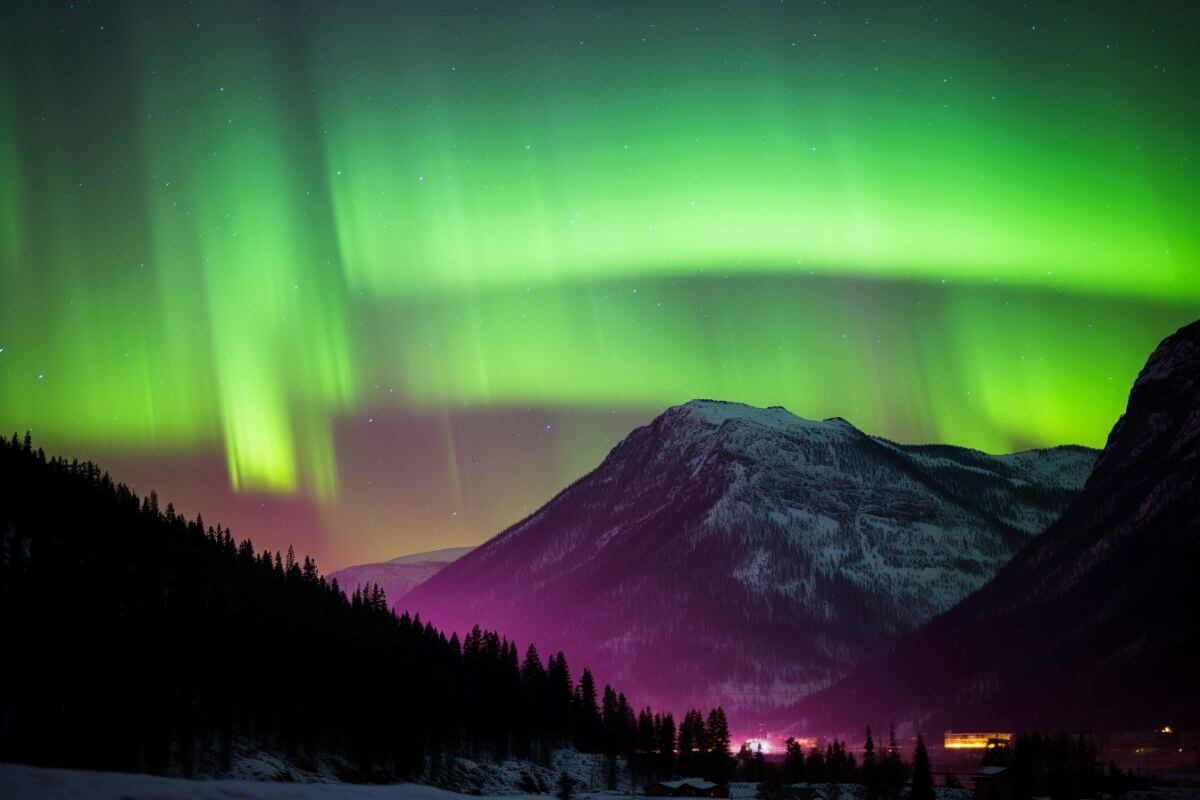 A stunning display of polar lights illuminates a snowy mountain range in Montana.