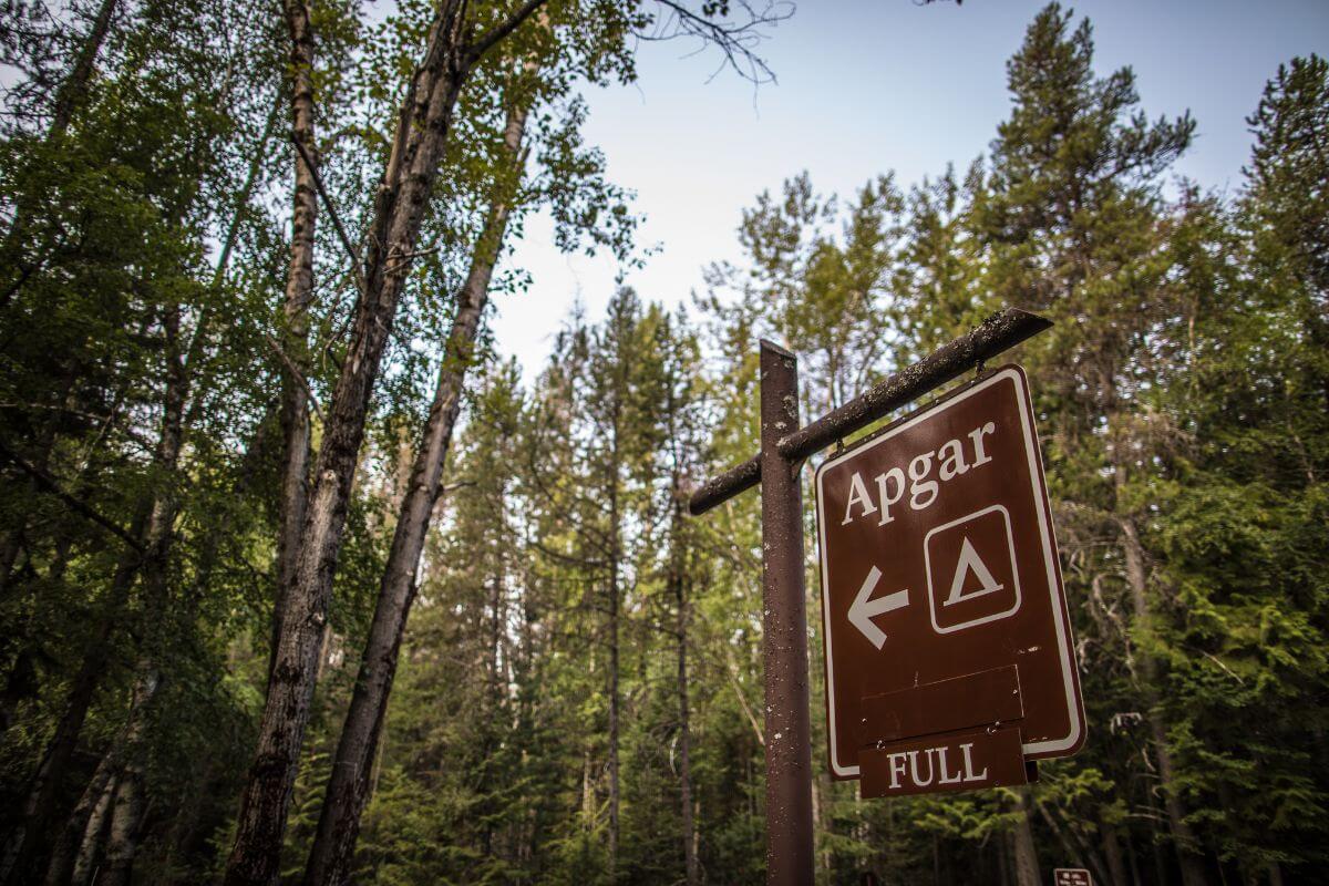 A sign pointing to Apgar Campground in Montana.