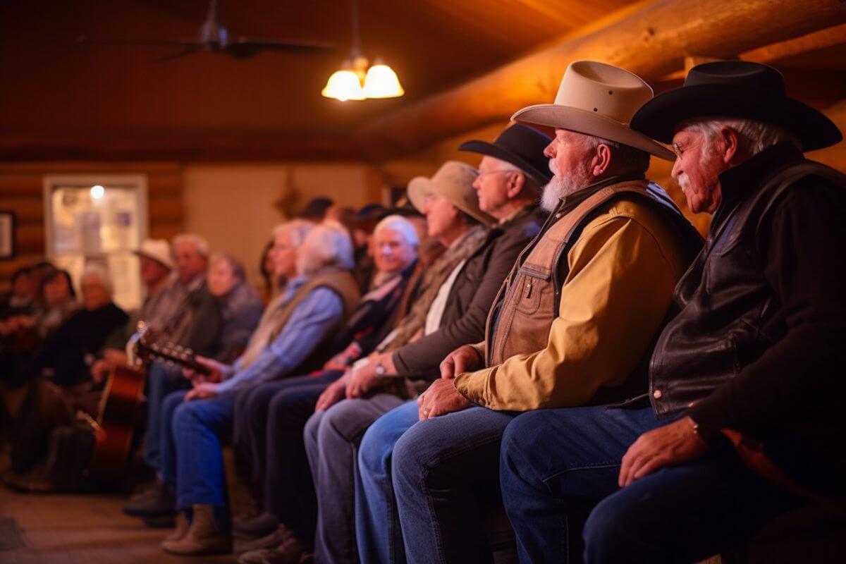A group of men in cowboy hats sitting in a log cabin in Montana.
