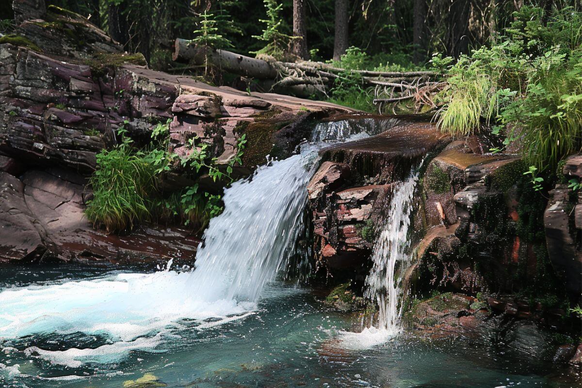 A crystal-clear pool of water in a wooded area below Deadwood Falls in Glacier National Park