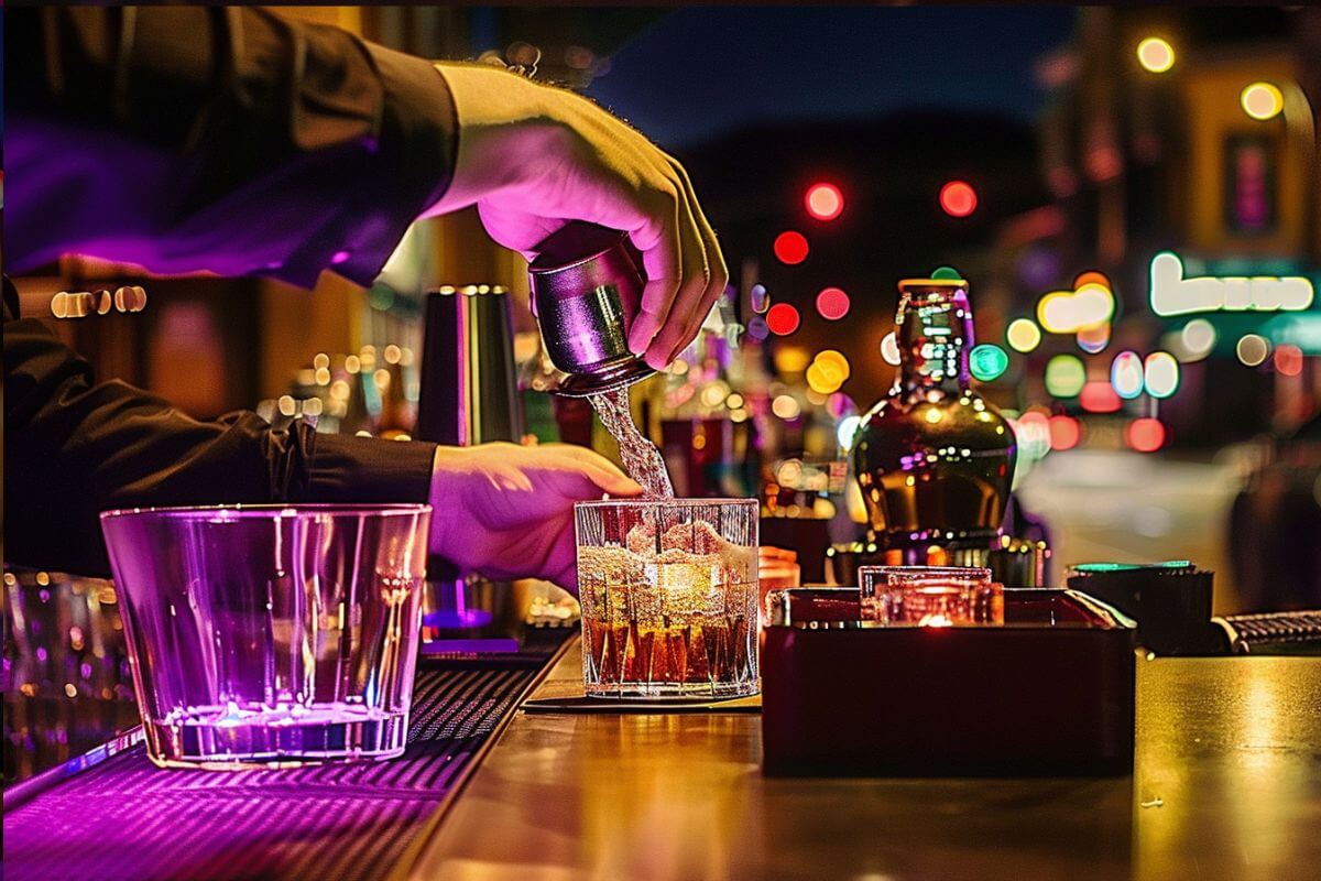 A bartender pouring drinks at a Montana bachelorette party at night.