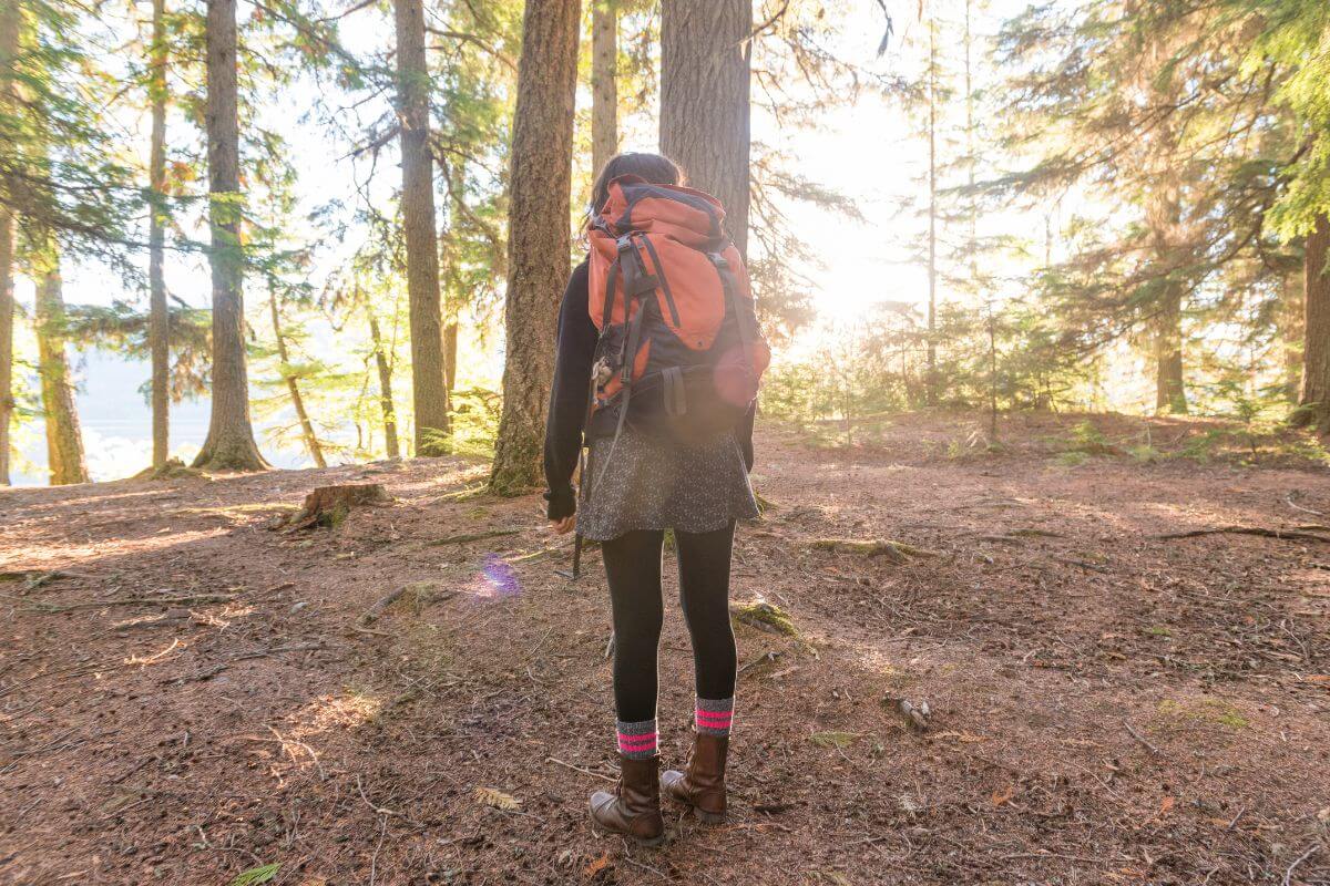 A Woman With a Backpack Hiking in the Woods in Montana