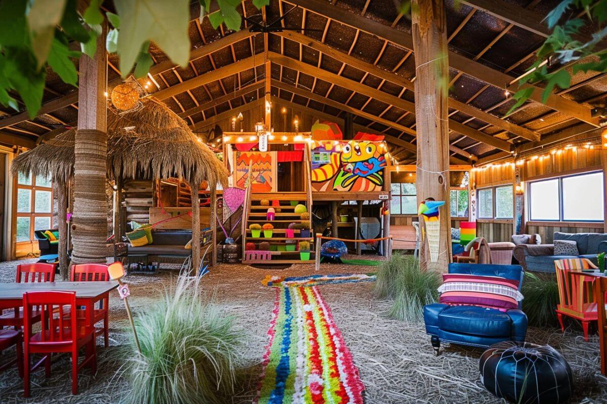 A vibrant room at Montana's Holt Stage Hideaway featuring colorful tables, chairs, and a tiki hut.