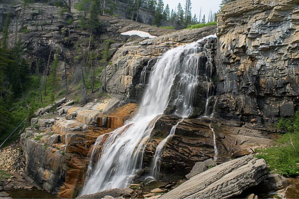 Impasse Falls flows over rugged terrain surrounded by evergreen vegetation and layered rock formations in Montana.