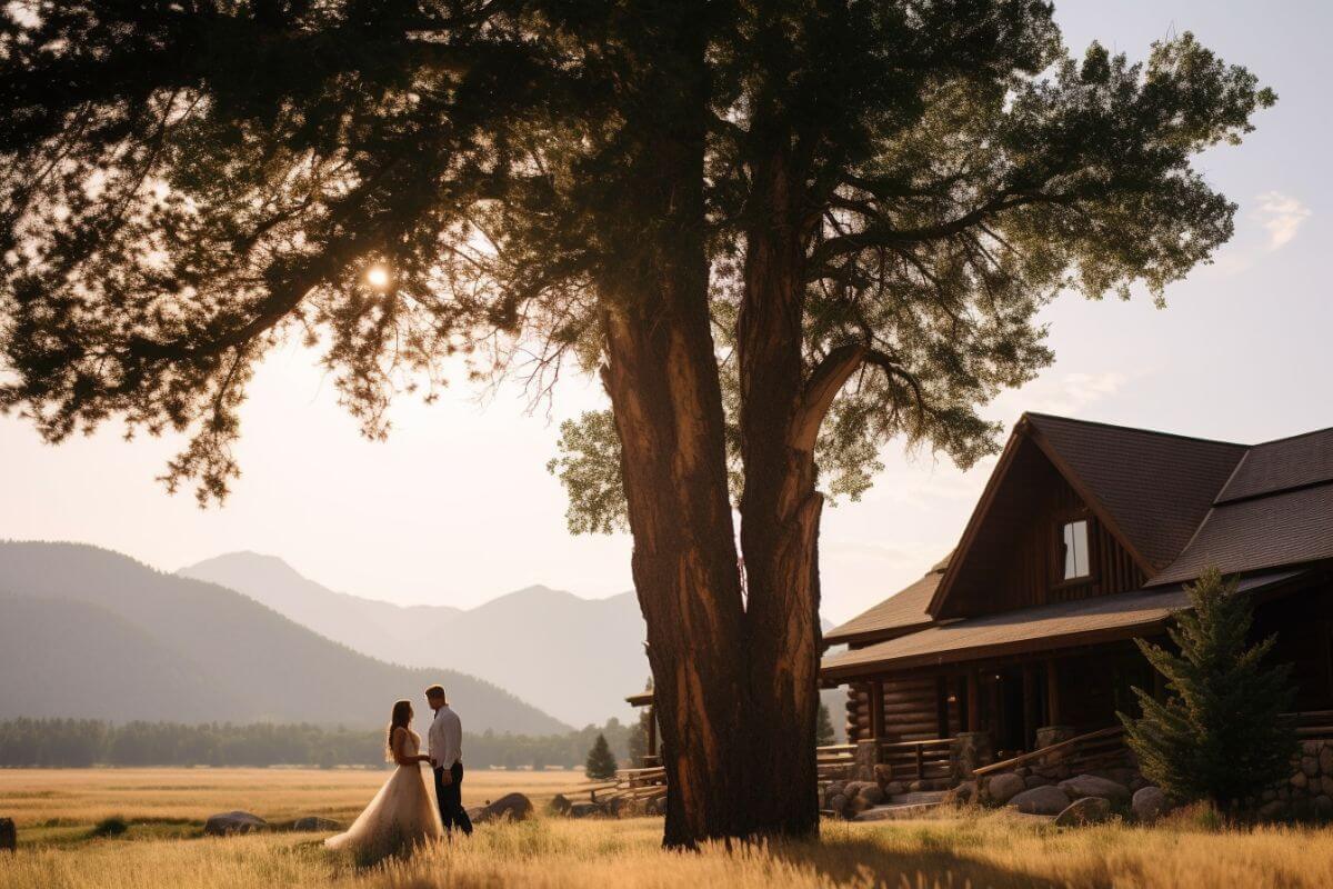 A couple poses outside their cabin in Lone Mountain Ranch in Montana.