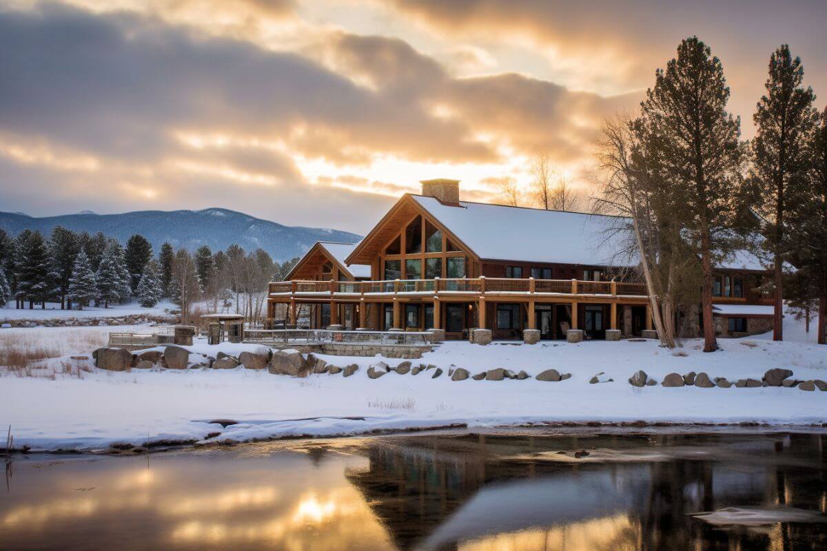A large cozy cabin nestled in Montana's breathtaking snowy landscape