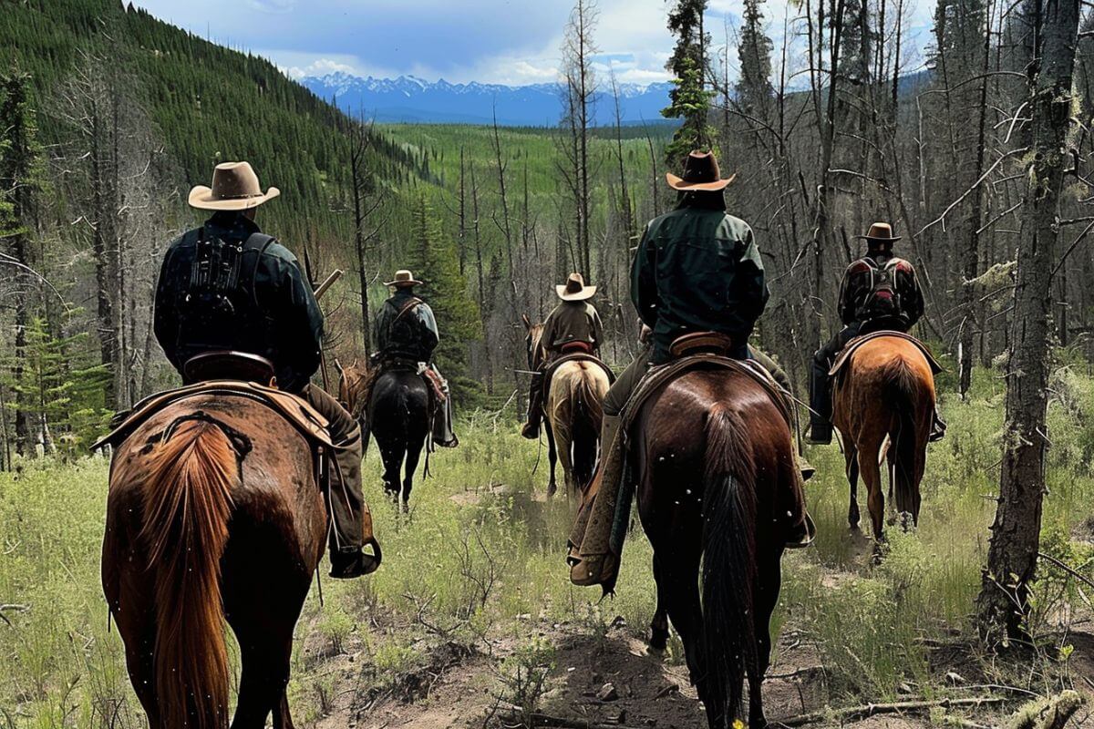 A group of hunters from Montana Big Game Outfitters trudge a wooded area on horseback.