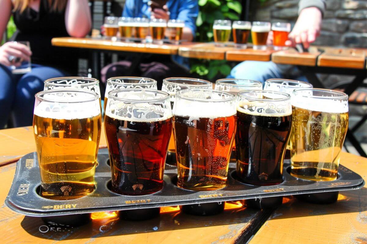 A tray of beers sits on a wooden table at a Montana brewery.