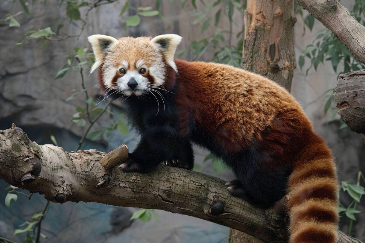 A red panda is perched on a tree branch in ZooMontana.