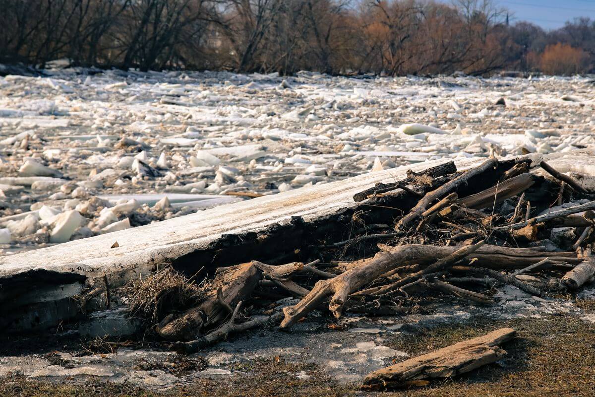 A scene showcasing the aftermath of a Montana winter flood